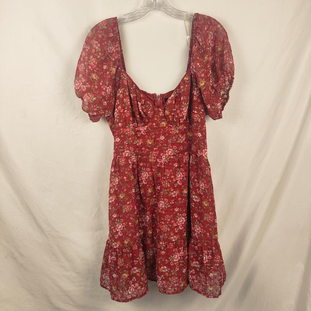 Trixxi Dress Womens XL Red Floral Square Neck Puff Sleeve Midi Ruffle Hem Boho